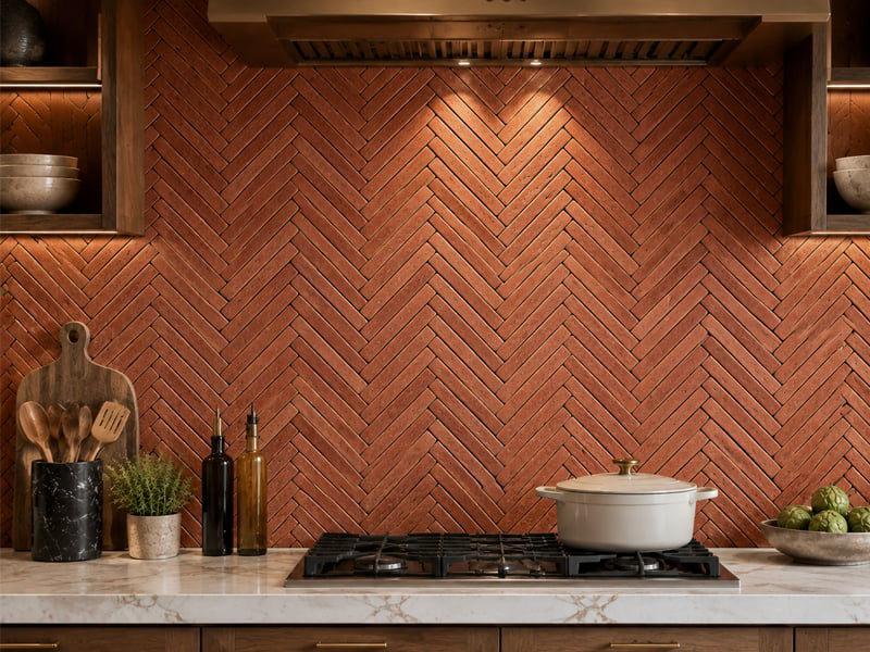 Red Travertine Herringbone Stone Mosaic